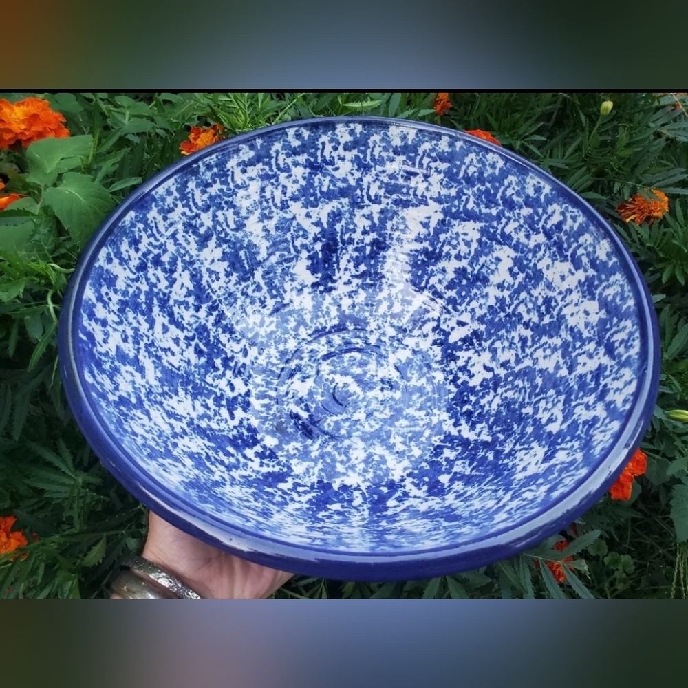 Vintage Sponge ware Pottery Large 12"  Deep Bowl Handpainted White & Blue Rim.